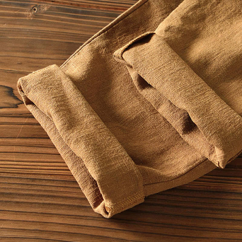 Casual Solid Color Simple Design Drawstring Ramie Linen Men's Pants With Pockets