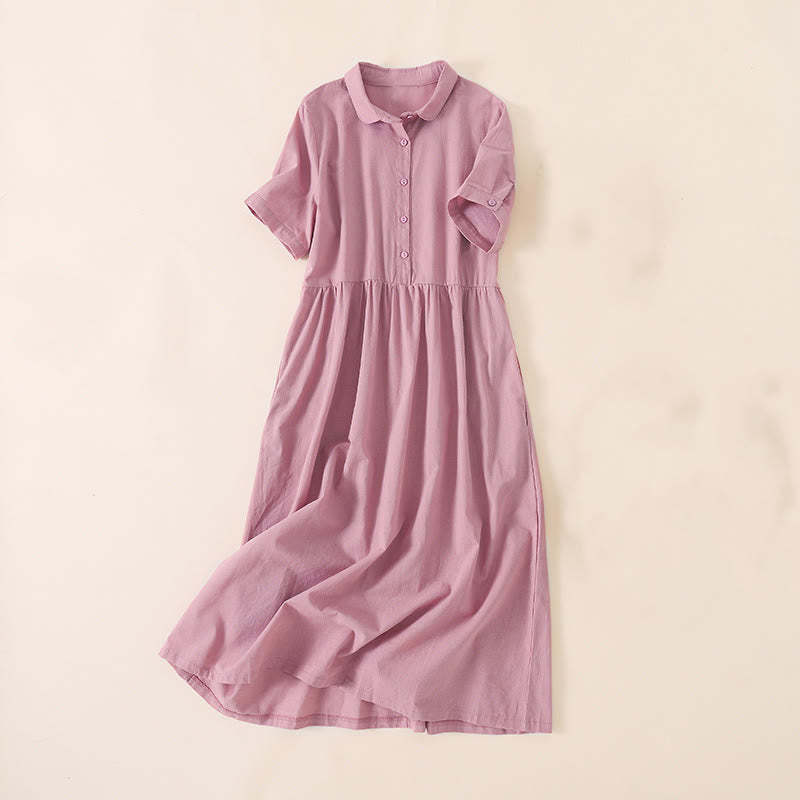 Summer Buttons Design Short Sleeve Cotton Linen Midi Dress With Pockets