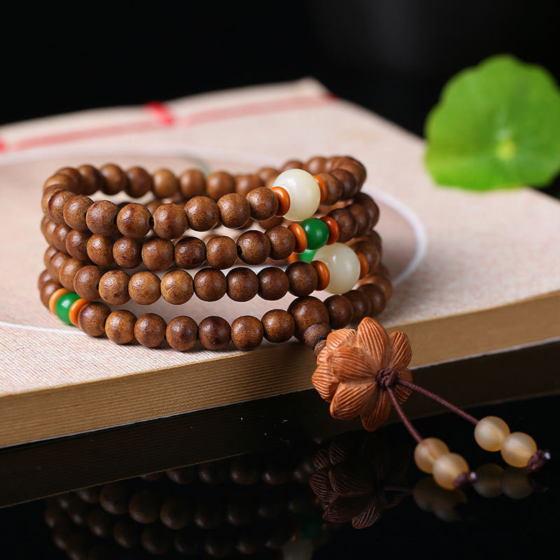108 Mala Beads Peach Wood Bodhi?Seed Lotus Prayer Meditation Bracelet