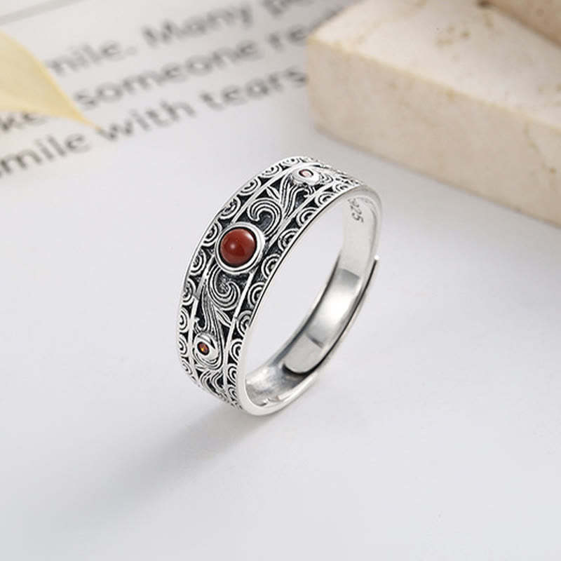 925 Sterling Silver Embedded Red Agate Auspicious Clouds Logical Thinking Ring