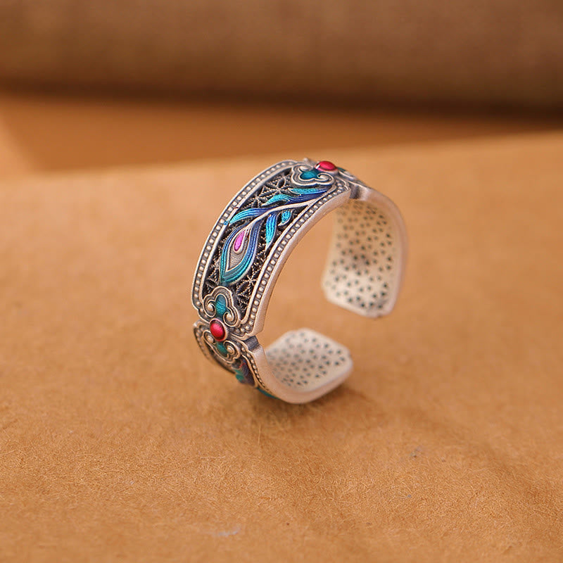 999 Sterling Silver Enamel Feather Design Adjustable Calm Ring