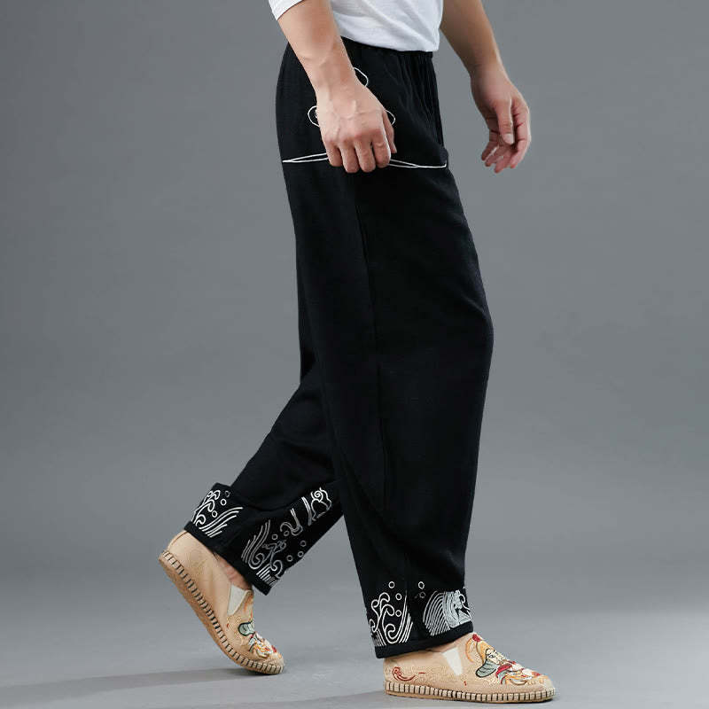 Clouds Elastic Waist Ethnic Cotton Men's Pants With Pockets