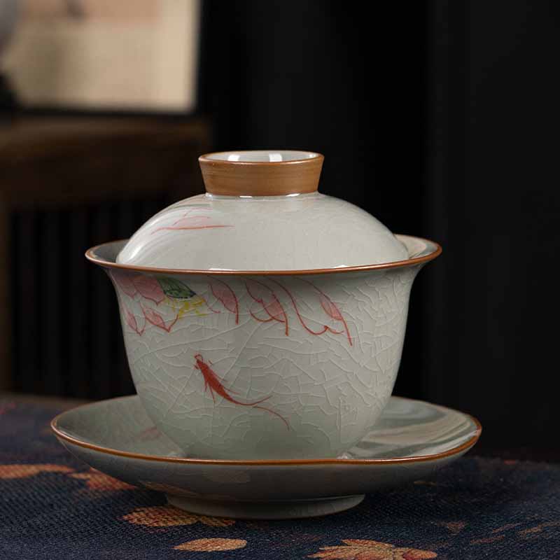 Lotus Koi Fish Pod Leaf Ceramic Gaiwan Sancai Teacup Kung Fu Tea Cup And Saucer With Lid 140ml
