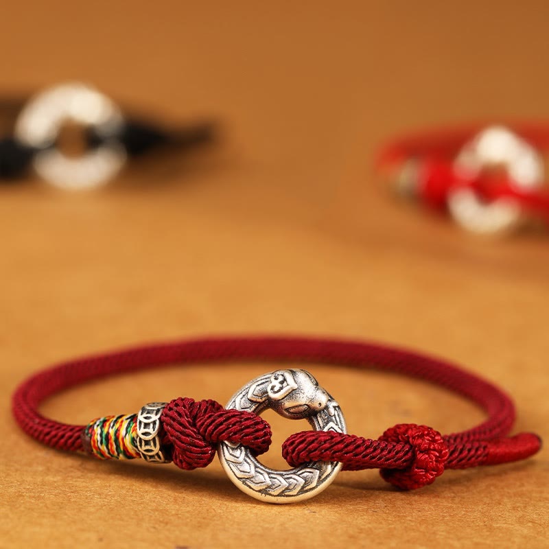 Red String 999 Sterling Silver Peace Buckle Coin Year of the Snake Strength Bracelet