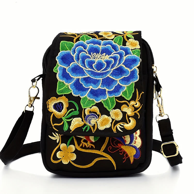 Inula Flower Peony Embroidery Canvas Shopping Purse Handbag Crossbody Bag