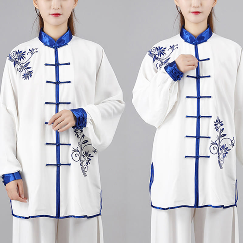2Pcs Fall Blue Embroidery Flowers Frog-Button Tai Chi Meditation Qigong Zen Practice Unisex Cotton Clothing Set