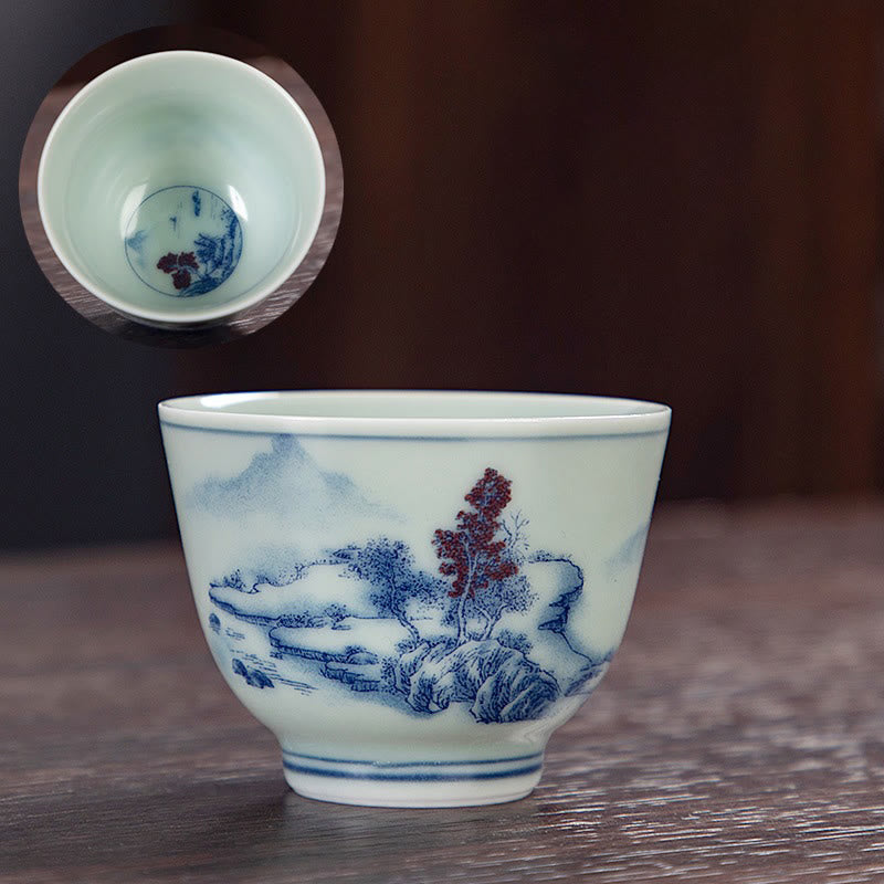 Blue Landscape Mountains Lotus Cute Cat Pavilions Magnolia Reed Egrets Ceramic Teacup Small Kung Fu Tea Cup