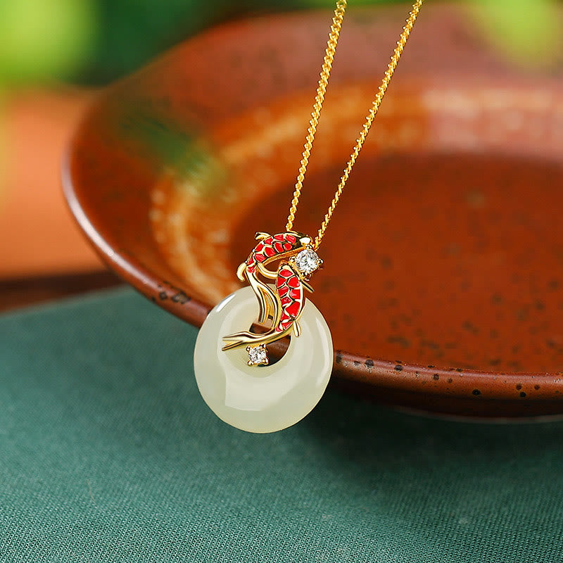 925 Sterling Silver Hetian Jade Peace Buckle Koi Fish Luck Necklace Pendant