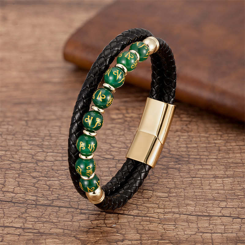 Black Onyx Turquoise Tiger Eye Red Agate Om Mani Padme Hum Strength Leather Bracelet
