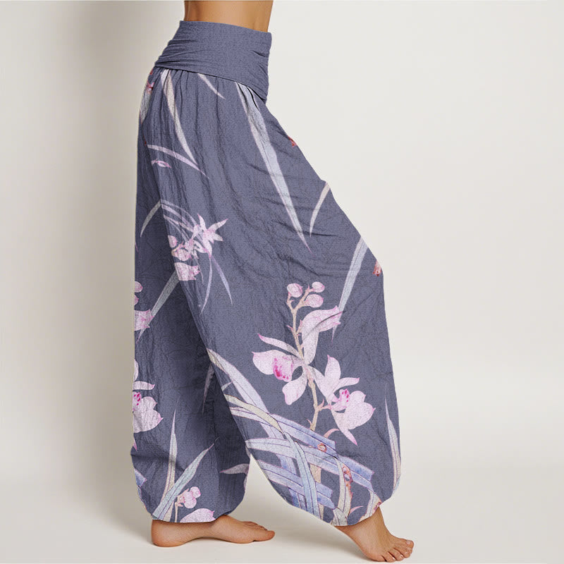 Weeds Plant Wilting Flowers Pattern Women's Elastic Waist Harem Pants