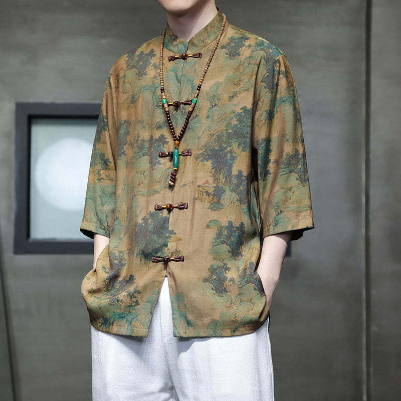 Landscape Chinese Dragon Pattern Chinese Three Quarter Sleeve Shirt Men T-shirt
