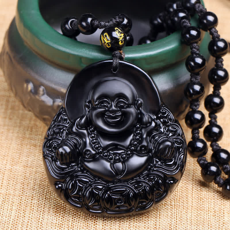 Laughing mystic zen Black Obsidian Strength Protection Pendant Necklace