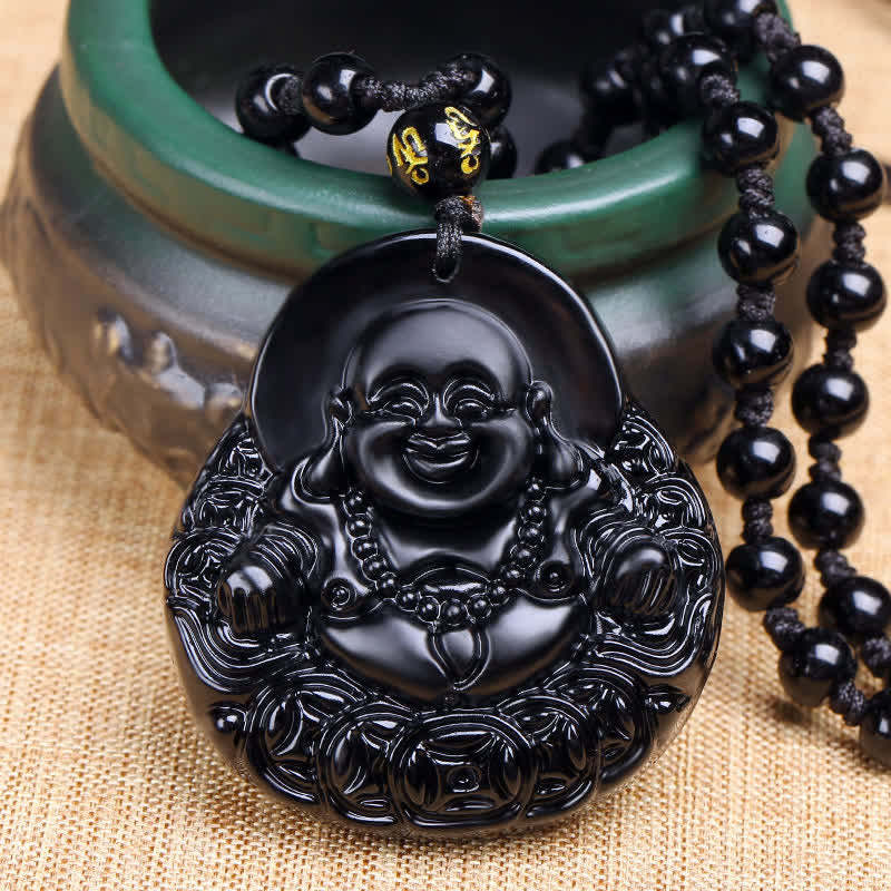 Laughing mystic zen Black Obsidian Strength Protection Pendant Necklace