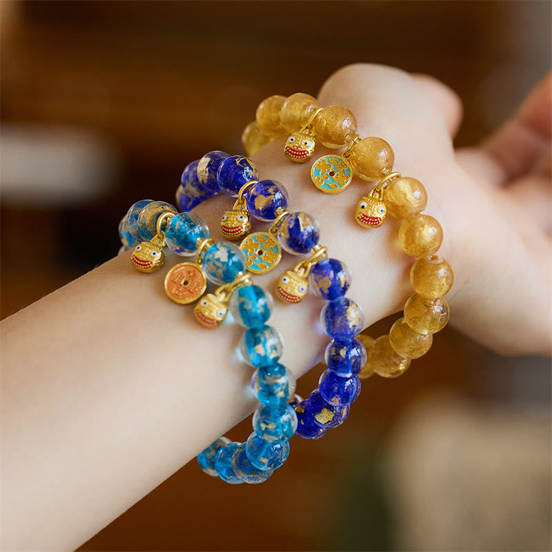 Gold Swallowing Beast Copper Coin Good Luck Charm Liuli Glass Bead Fortune Bracelet