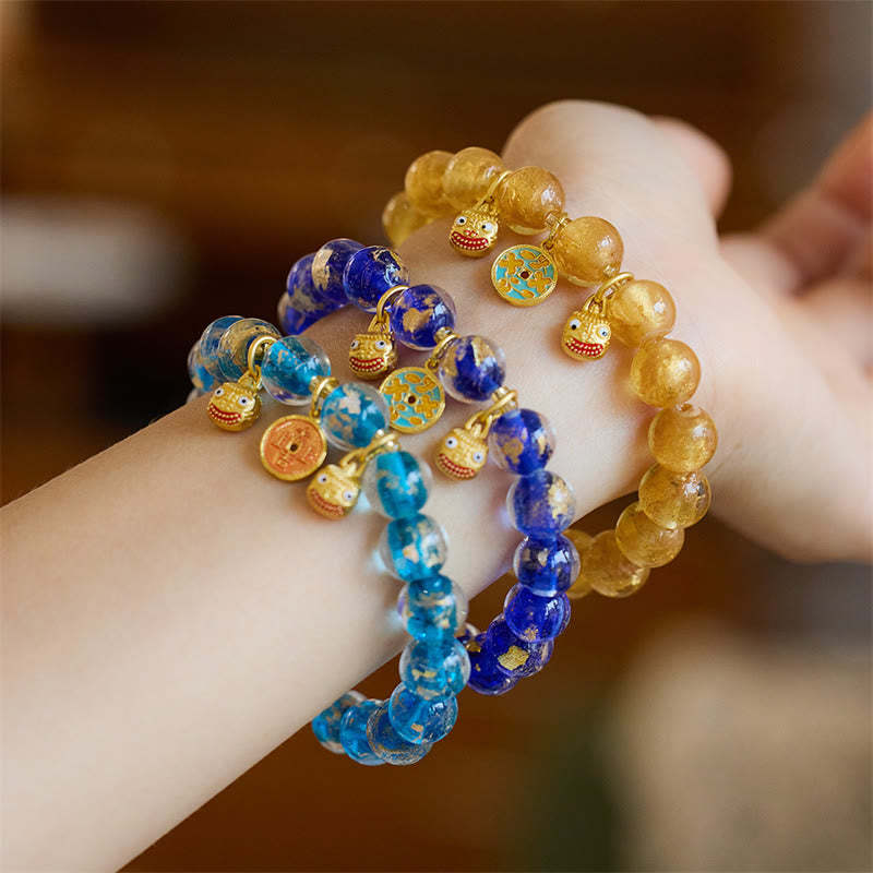 Gold Swallowing Beast Copper Coin Good Luck Charm Liuli Glass Bead Fortune Bracelet