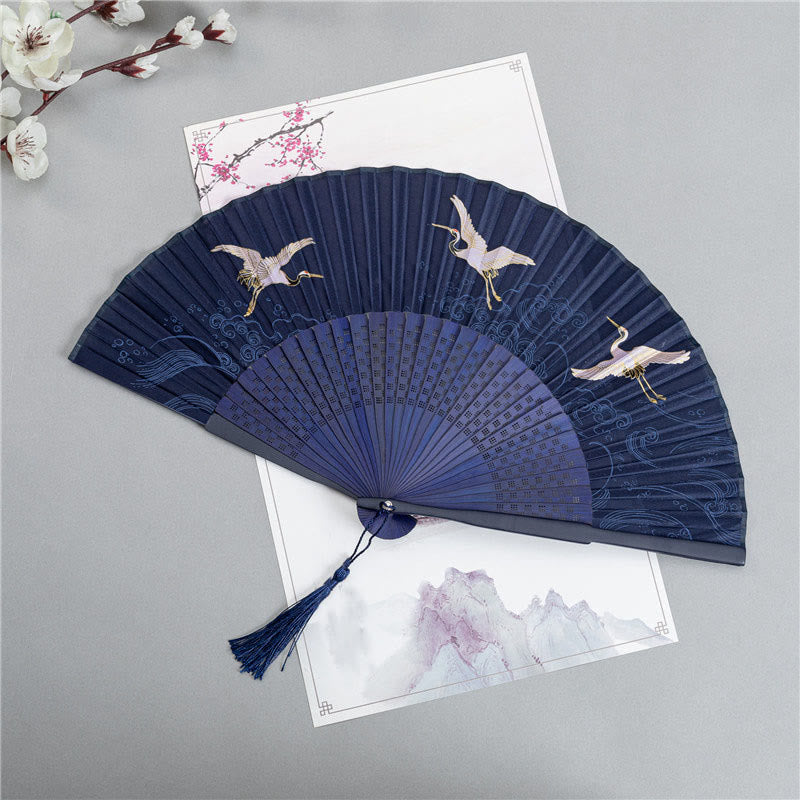 Crane Dragonfly Lotus Peony Plum Blossom Butterfly Handheld Silk Bamboo Folding Fan 22.5cm