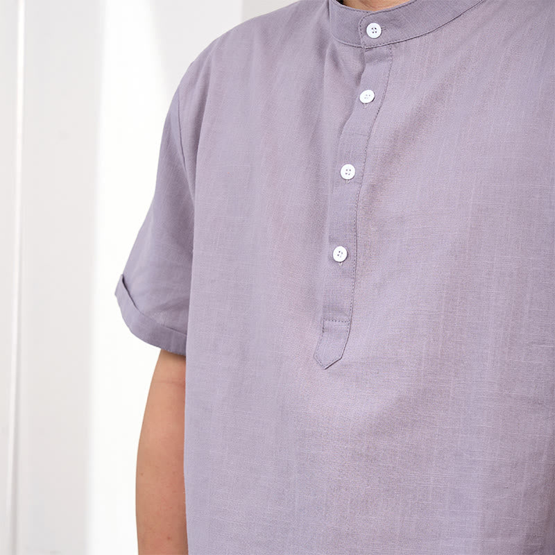 Men's Plain Color Short Sleeve Half Button Cotton Linen Shirt