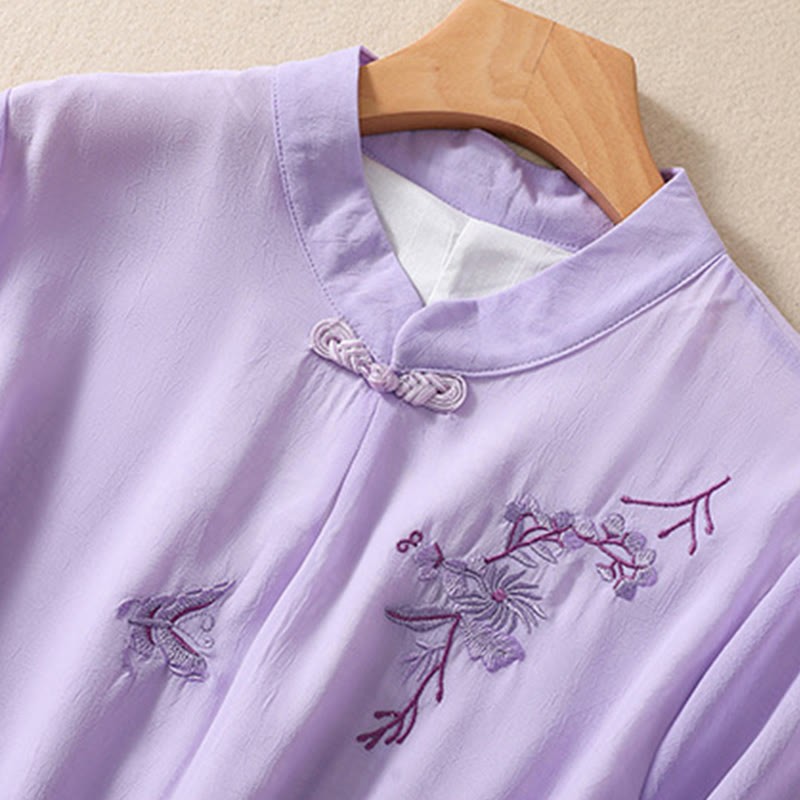 Embroidery Plants Flower Half Sleeve Plain Frog-Button Stand Collar Women's Shirt