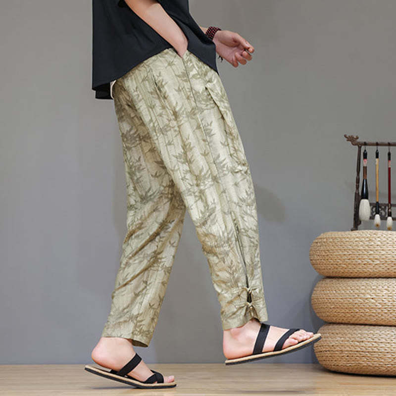Bamboo Ankle Frog-button Drawstring Men's Pants With Pockets