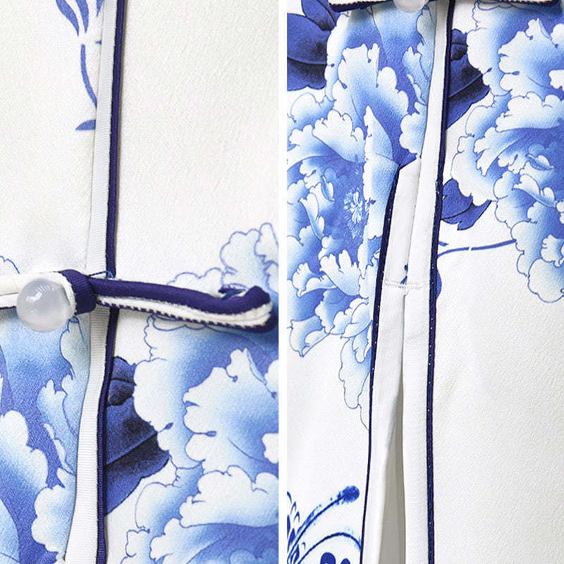 Blue And White Porcelain Color Peony Flower Pattern Cheongsam Dress Women's Qipao Dress