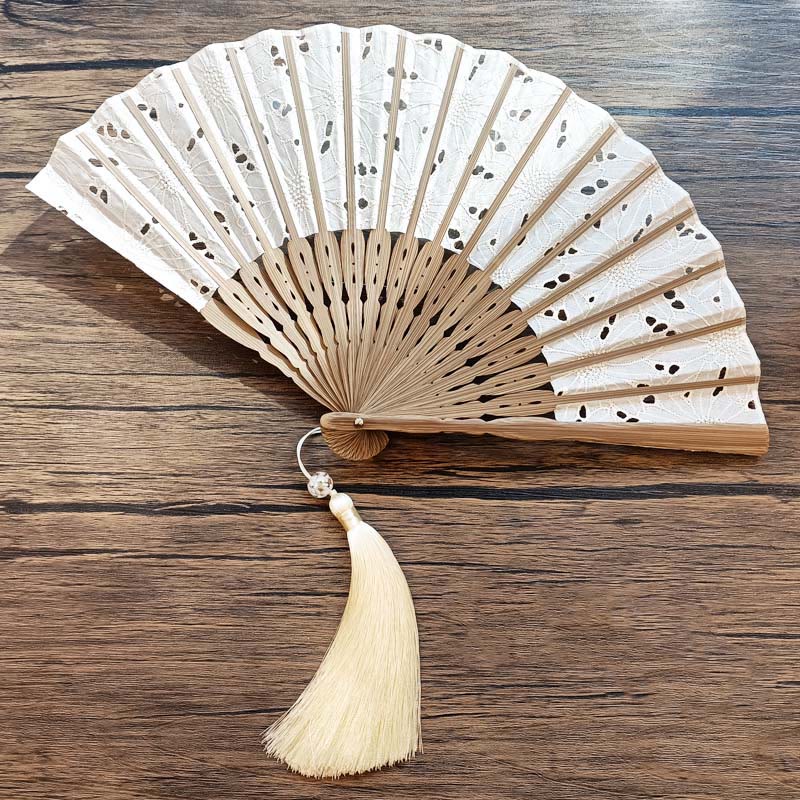Solid Color Hollow Flowers Embroidery Cotton Fabric Handheld Bamboo Folding Fan