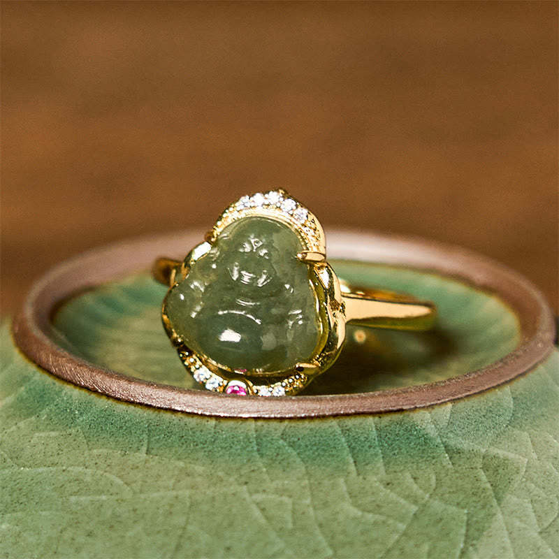 Natural Hetian Jade Egg Gourd Copper Laughing mystic zen Open Luck Ring