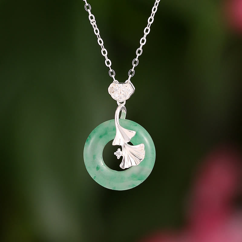 925 Sterling Silver Jade Ginkgo Peace Buckle Ruyi Lock Prosperity Necklace Pendant