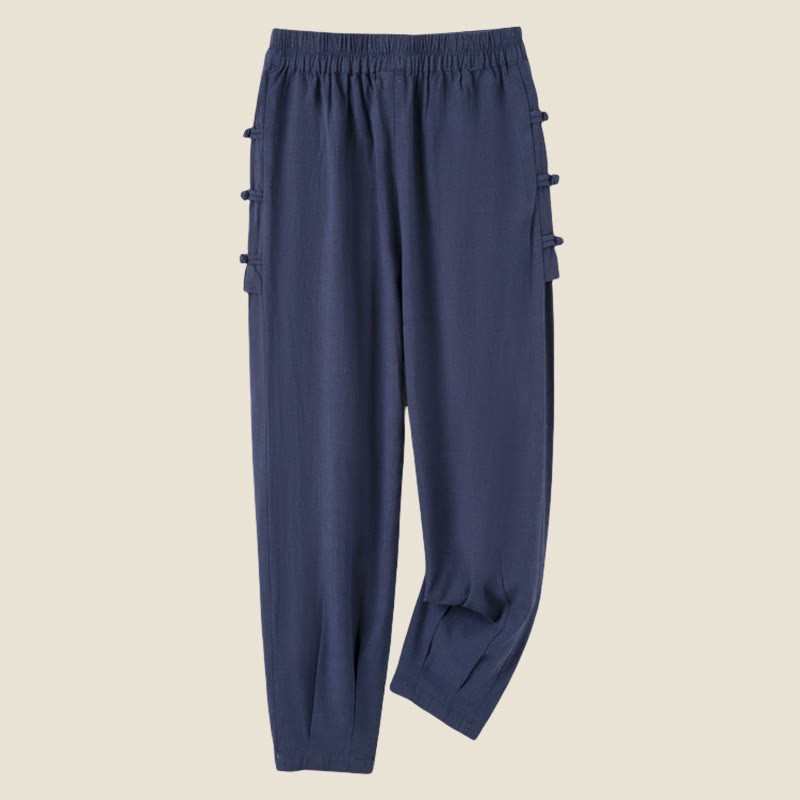 Casual Frog-button Plain Women's Cotton Linen Pants With Pockets
