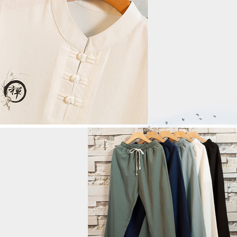 2Pcs Tree Pattern Cotton Linen Frog-Button Short Sleeve Shirt Pants Men's Set