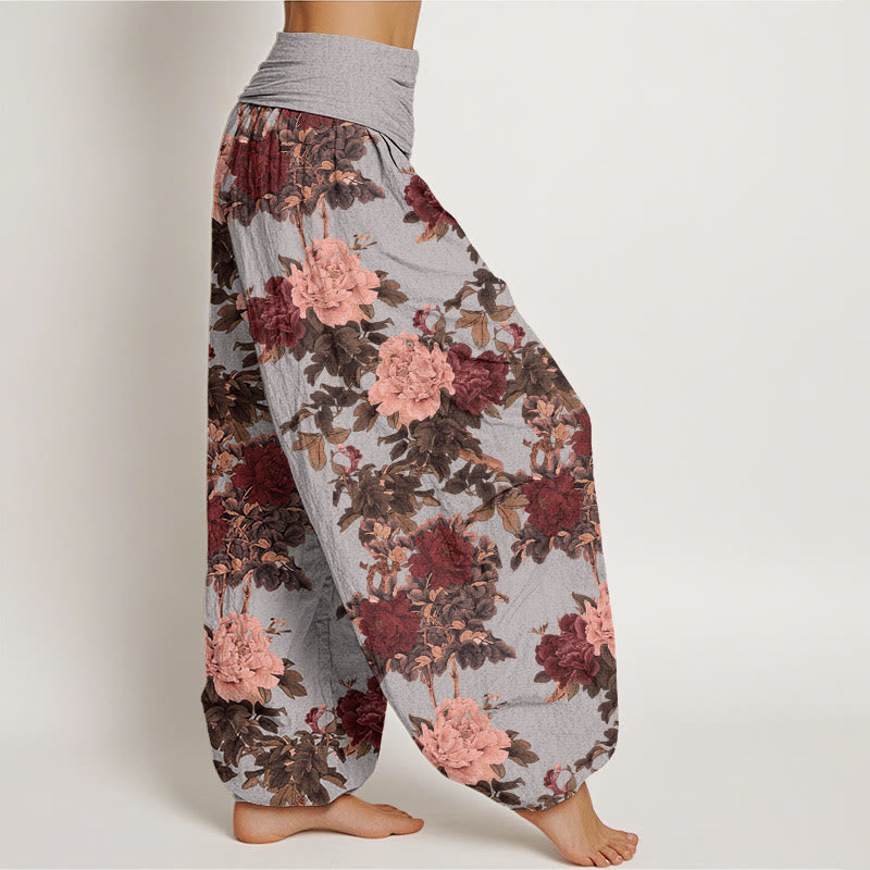 Casual Lush Peony Flowers Leaf Pattern Women's Elastic Waist Harem Pants