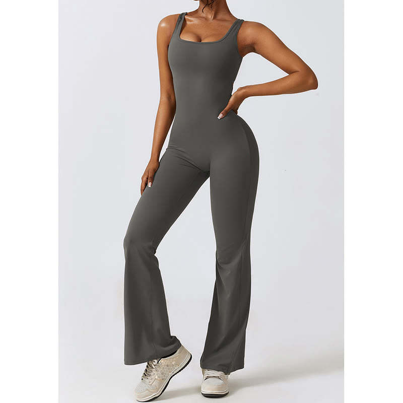 Women Workout Sleeveless Jumpsuit Flare Pants Sports Fitness Yoga Bodysuit