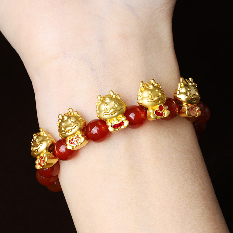 Year of the Dragon Natural Red Agate Copper Coin Fu Character Protection Bracelet