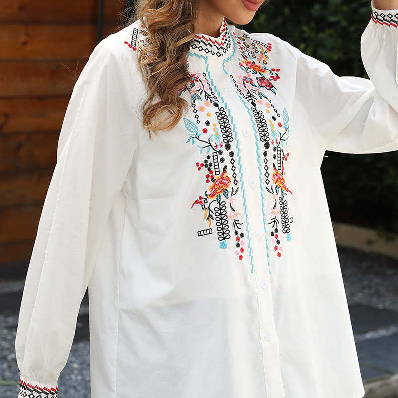 White Casual Embroidery Plants Flower Pattern Button Stand Collar Cotton Women's Shirt
