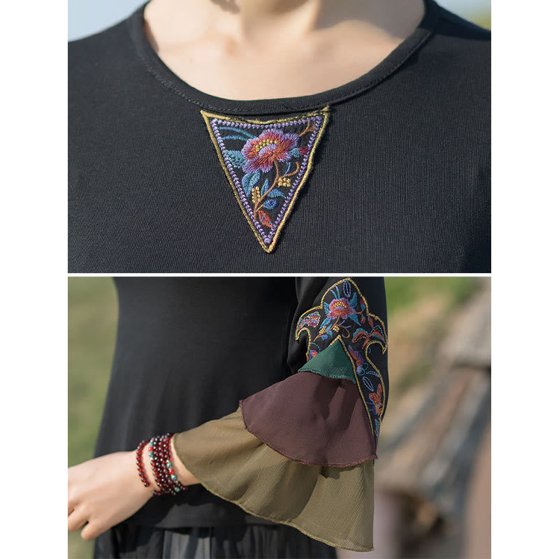 Embroidery Flower T-shirt Three Quarter Bell Flare Sleeves Cotton Top Tee