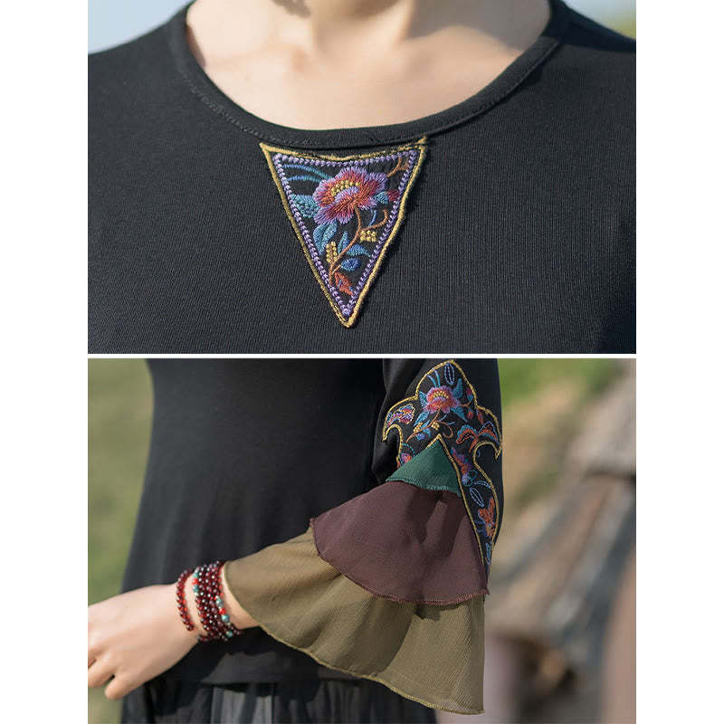 Embroidery Flower T-shirt Three Quarter Bell Flare Sleeves Cotton Top Tee