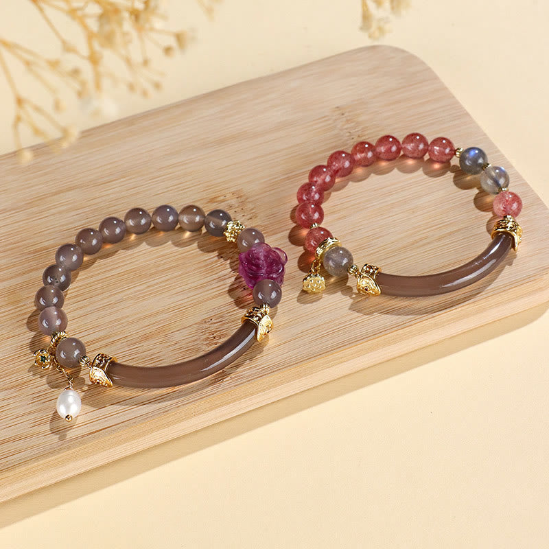 Strawberry Quartz Labradorite Fluorite Pearl Cuff Half Bracelet Bangle