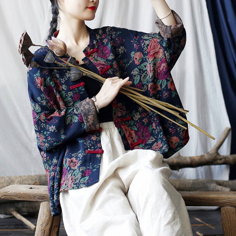 Red Flowers Green Leaves Print Frog-button Design Long Sleeve Cotton Linen Jacket Shirt