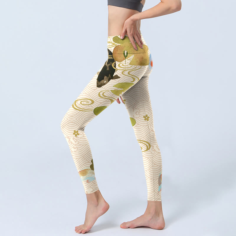 Koi Fish Lotus Leaves Print Gym Leggings Women's Yoga Pants