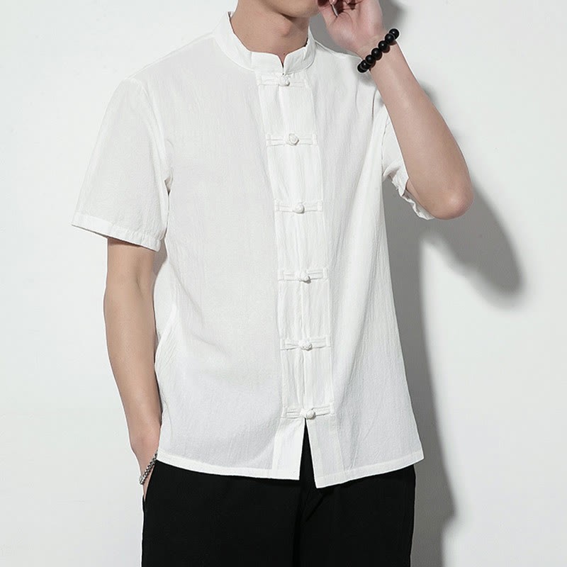 Casual Solid Color Front Frog Buttons Chinese Tang Suit Short Sleeve Linen Men's Shirt