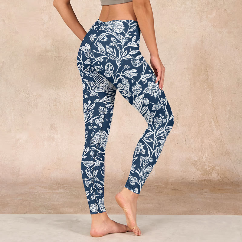 Dark Blue Flower Print Fitness Leggings Women's Yoga Pants