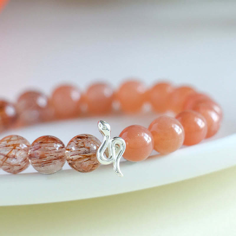 Natural Sun Stone Super Seven Crystal Silver Sheen Obsidian Rutilated Quartz 925 Sterling Silver Year Of The Snake Positive Bracelet
