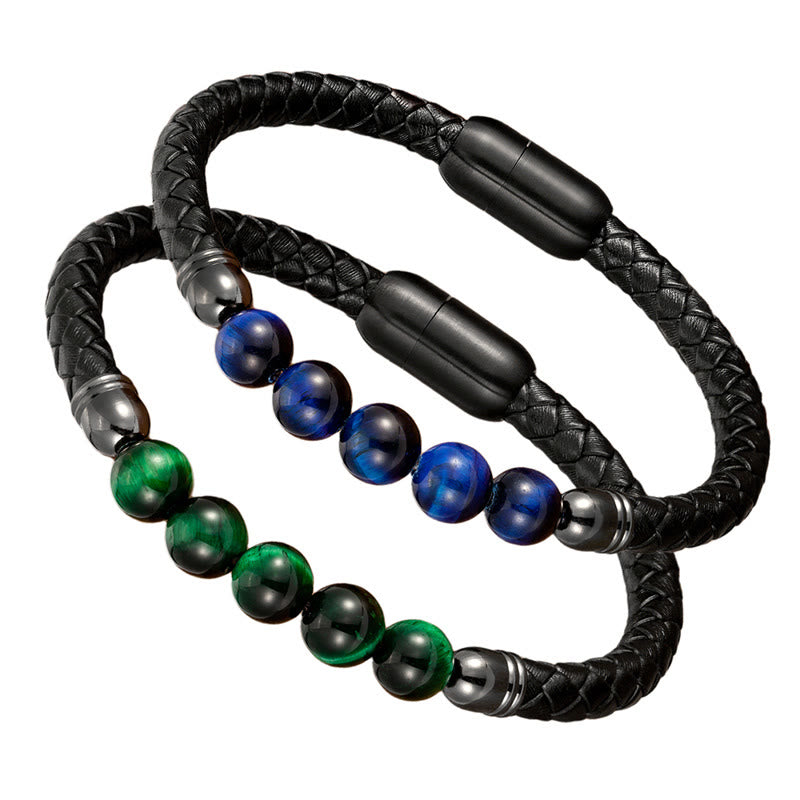 Blue Agate Tiger Eye Lava Rock Black Onyx Lazurite Bead Protection Leather Bracelet