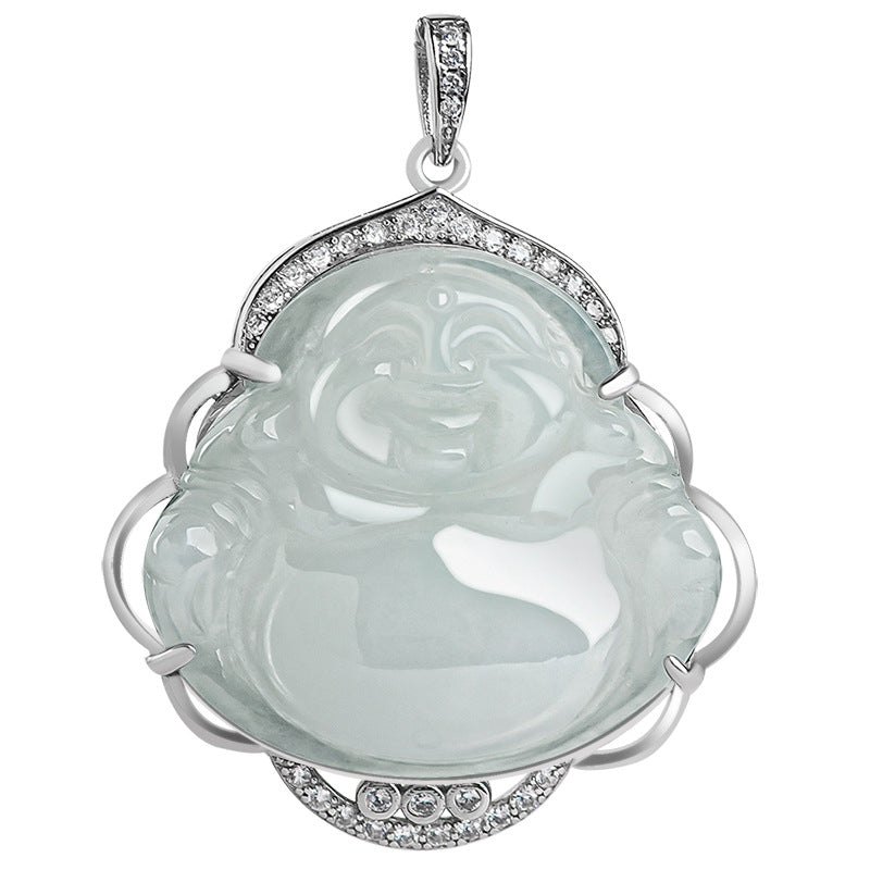 925 Sterling Silver Laughing mystic zen Natural Jade Abundance Necklace Pendant