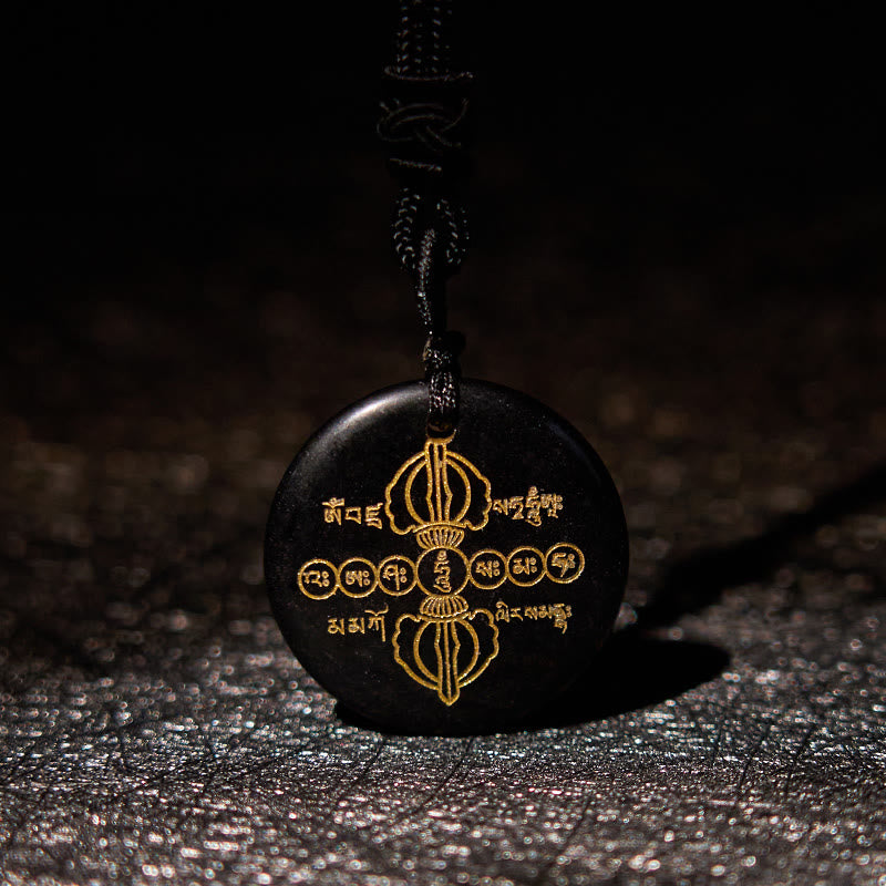 Vajra Dorje Sanskrit Pattern Natural Various Crystal Black Obsidian Fulfilment Necklace Pendant