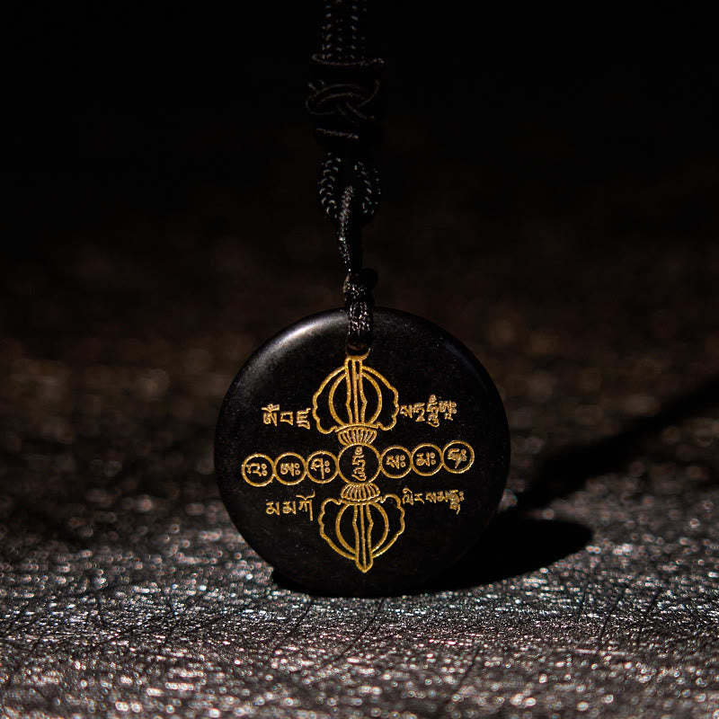 Vajra Dorje Sanskrit Pattern Natural Various Crystal Black Obsidian Fulfilment Necklace Pendant