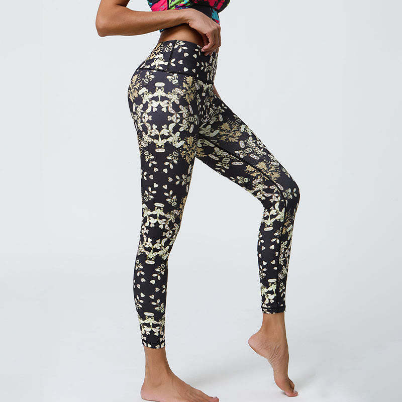 Flowers Geometric Mandalas Print Sports Fitness Yoga High Waist Leggings Women's Pants