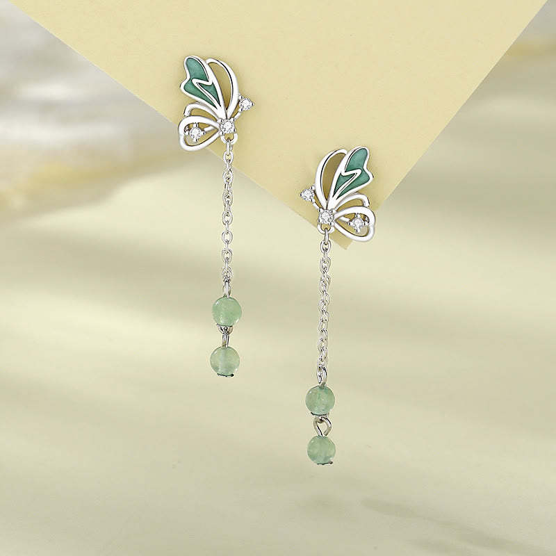 925 Sterling Silver Natural Green Aventurine Butterfly Luck Necklace Pendant Earrings Set