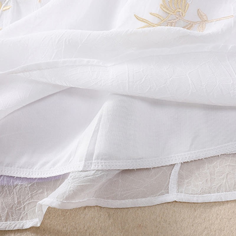 Embroidery Plants Flower Half Sleeve Plain Frog-Button Stand Collar Women's Shirt