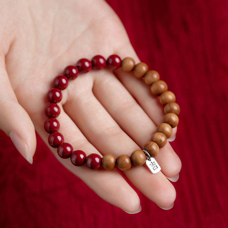 925 Sterling Silver Peach Wood Cinnabar Ward Off Evil Spirits Bracelet