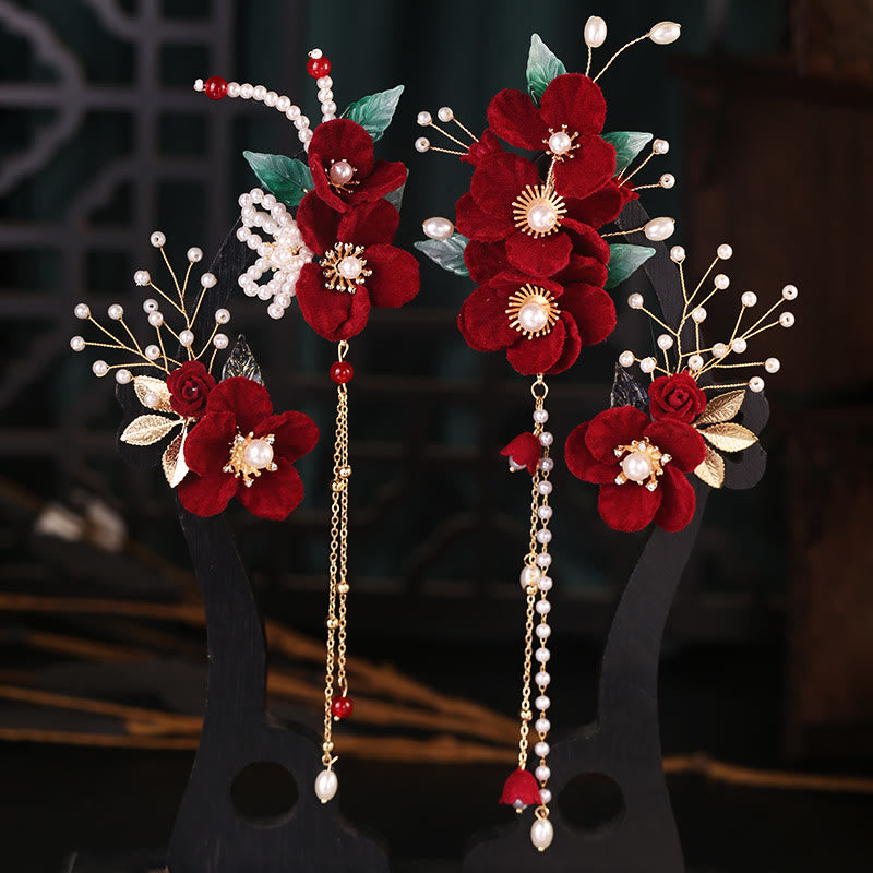 Antiquity Red Flowers Pearl Tassel Hair Clip Set
